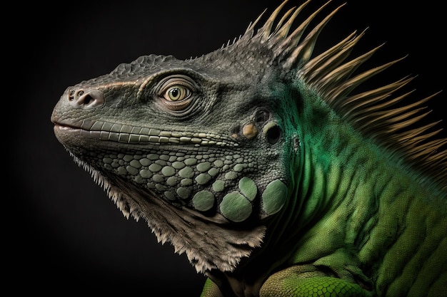 Ritratto di iguana verde su sfondo nero in posa in studio Immagine realistica della foto Generative Ai