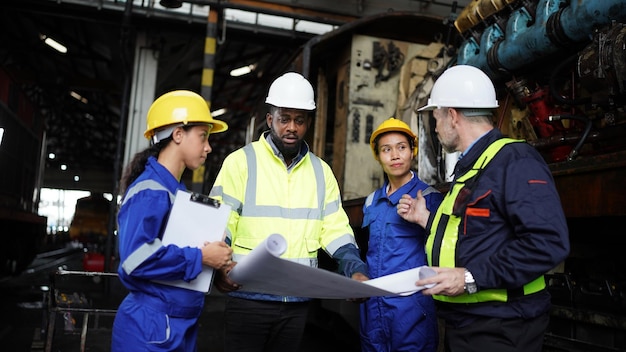 Ritratto di ingegnere e apprendista in officina della struttura di ingegneria ferroviaria