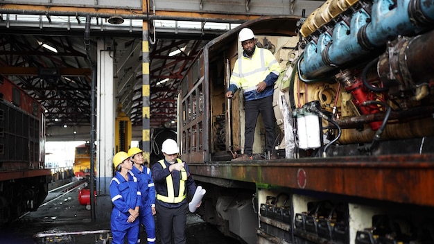 Ritratto di ingegnere e apprendista in officina della struttura di ingegneria ferroviaria