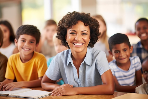 Ritratto di insegnante femminile sorridente seduta alla scrivania con i suoi studenti in classe