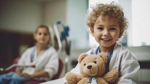 Ritratto di intelligenza artificiale generativa di un bambino felice che tiene un orsacchiotto