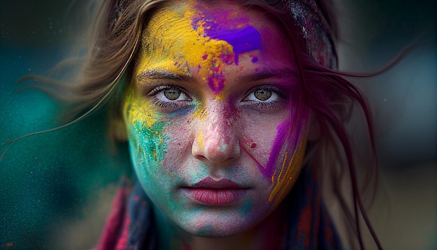 Ritratto di intelligenza artificiale generativa di una ragazza schizzata di vernice colorata durante la celebrazione indiana dei colori Holi