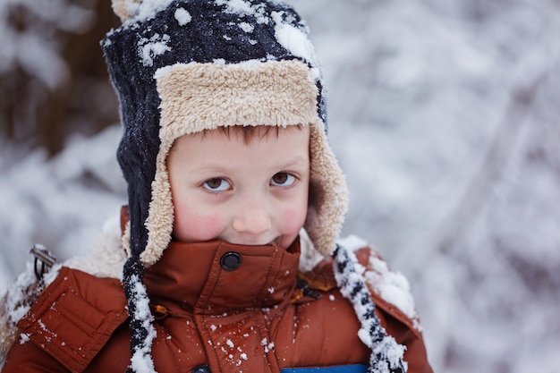 Ritratto di inverno del ragazzo sveglio del bambino in vestiti caldi.