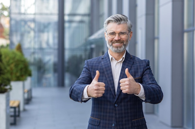 Ritratto di investitore maturo al di fuori dell'edificio per uffici uomo anziano sorridente e guardando la fotocamera che mostra