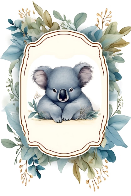 Ritratto di Koala con eucalipto che sonnecchia pigramente blu grigio Poster vintage 2D Design piatto arte