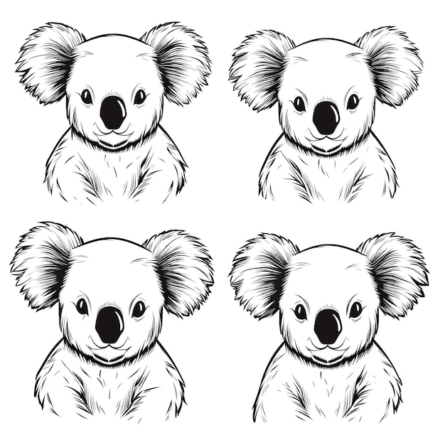 Ritratto di Koala disegnato a mano Colore nero su sfondo bianco Illustrazione minimalista