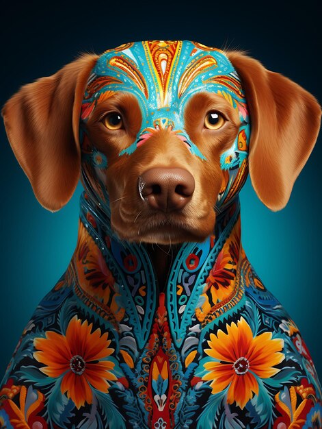 Ritratto di Labrador Retriever Dog vestito come un Alebrije vibrante con Co Festive Mexico Traditional