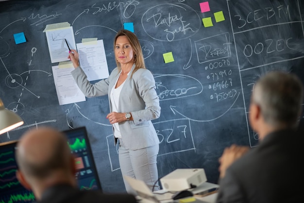 Ritratto di leader femminile che presenta il piano di profitto. Donna bionda seria in piedi vicino alla grande tavola che mostra il grafico con la penna che discute la strategia futura per la crescita del business. Finanza, concetto di avvio di attività