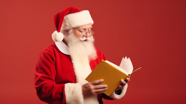 Ritratto di lui lui attraente sbalordito sbalornato meravigliato grasso dai capelli bianchi Babbo Natale lettura libro istruzione isolato su uno sfondo di colori vivaci luminosi