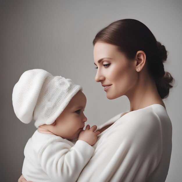 Ritratto di madre e bambino su sfondo bianco