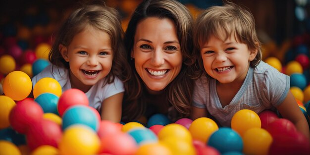 Ritratto di madre felice e bambini che giocano con palline colorate all'asilo