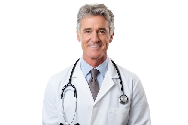 Ritratto di maturo medico sorridente in camice bianco in piedi su sfondo bianco IA generativa