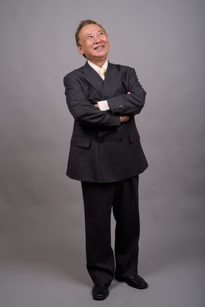 Ritratto di maturo uomo d'affari asiatico su sfondo grigio