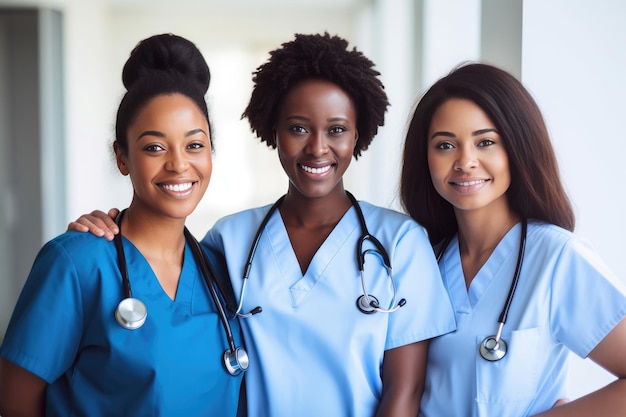 Ritratto di medici e infermieri femminili multirazziali felici che guardano la macchina fotografica IA generativa