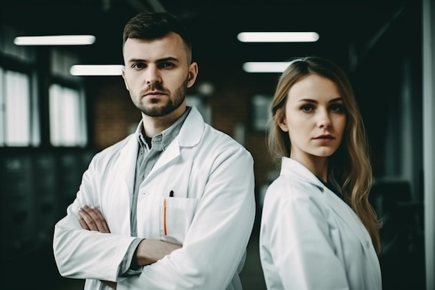 Ritratto di medici fiduciosi in piedi con le braccia incrociate nel moderno corridoio dell'ospedale