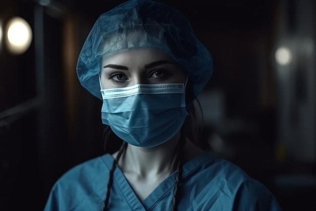 Ritratto di medico in scrub una dottoressa con berretto protettivo e maschera facciale in misure di sicurezza a