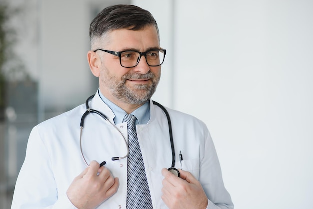 Ritratto di medico senior serio in occhiali e camice bianco