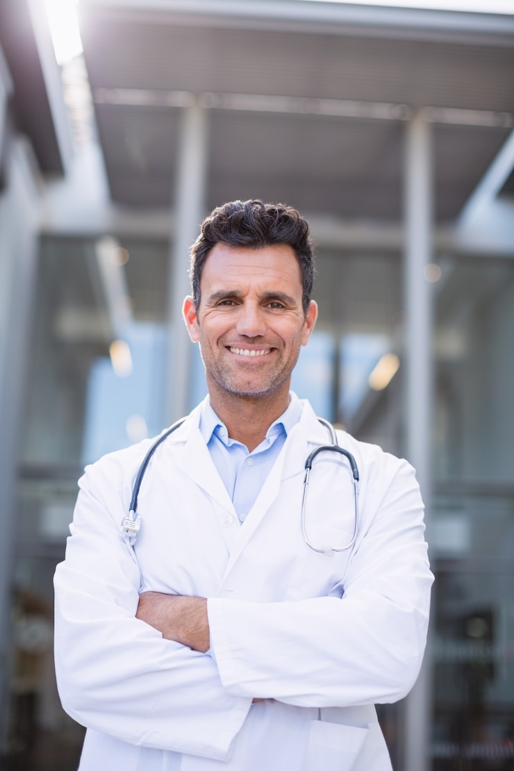 Foto ritratto di medico sorridente che sta con le armi attraversate