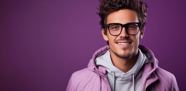 Ritratto di mockup e uomo barbuto con occhiali sorriso e optometria su un viso di sfondo viola in studio