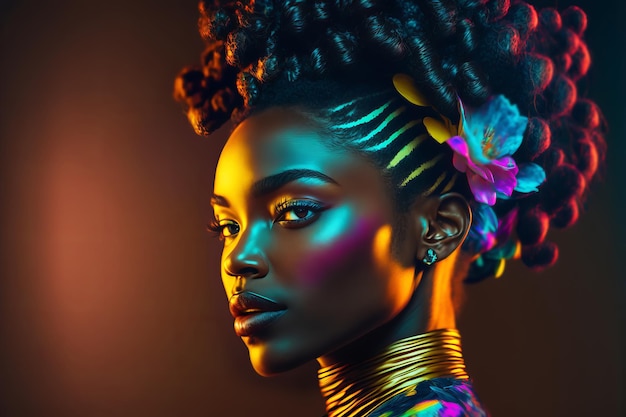 Ritratto di moda bella donna nera in illuminazione da studio al neon Illustrazione di intelligenza artificiale generativa