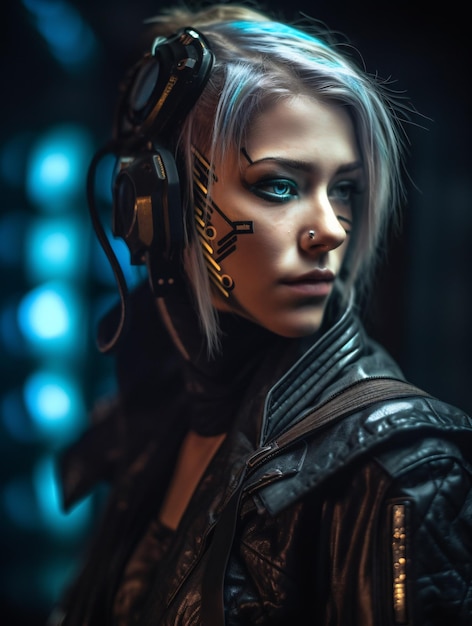 Ritratto di moda cyberpunk femminile futuristico AI generativo