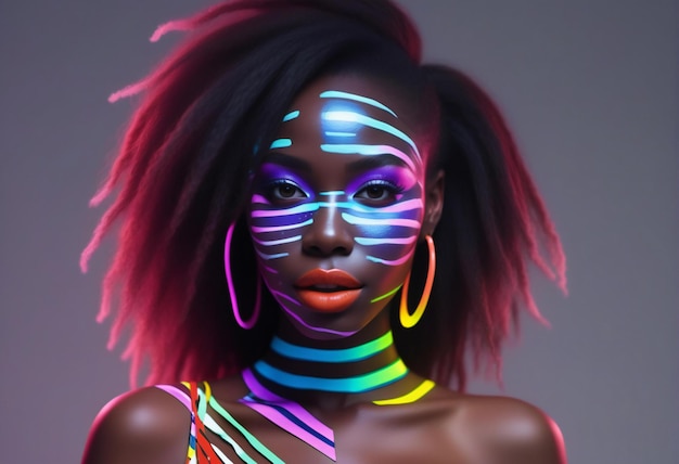 Ritratto di moda di una bella donna afroamericana con trucco al neon brillante