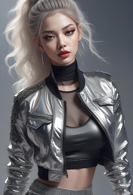 Ritratto di moda di una bella donna bionda con una giacca d'argento