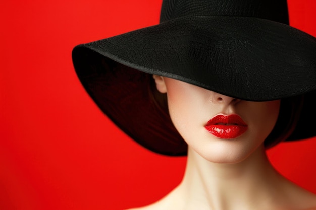 Ritratto di moda di una donna con il viso nascosto da un elegante cappello nero e labbra rosse brillanti