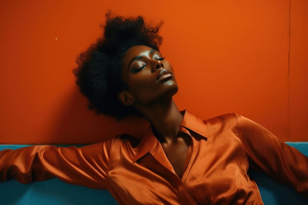 Ritratto di moda di una donna nera Modello femminile in abiti luminosi che posa per una sessione fotografica elegante Creato con AI generativa
