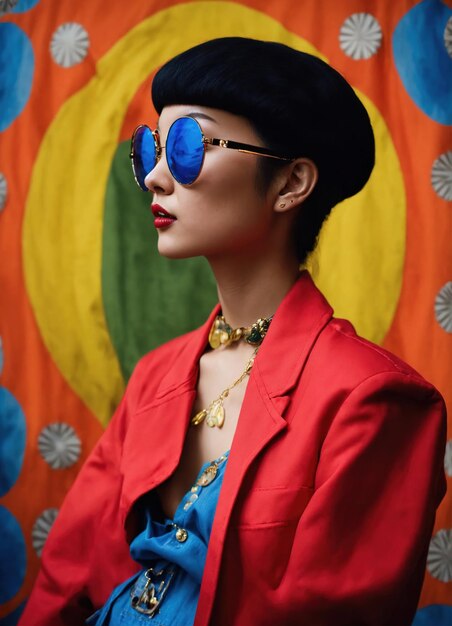 Ritratto di moda di una giovane bella donna asiatica con capelli corti e occhiali da sole in un vestito elegante ai generativo