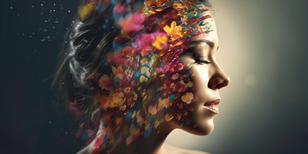 Ritratto di moda Doubleexposure di bella giovane donna con fiori colorati sul viso IA generativa