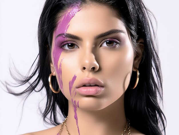 Ritratto di modella con vernice viso viola per rivista
