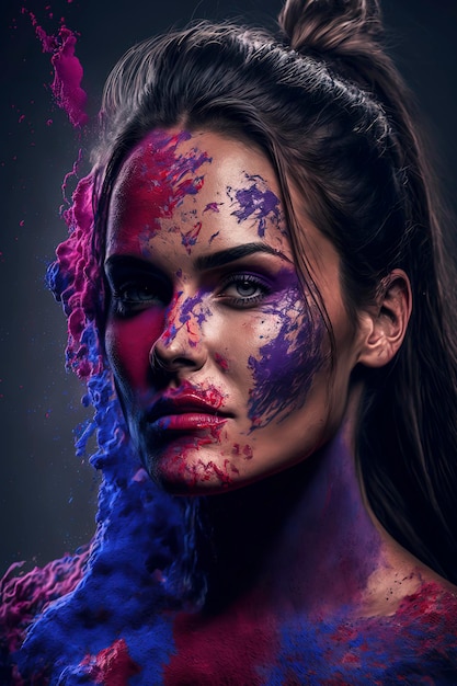 Ritratto di modello con concetto di festival holi vernice polvere colorata sul viso AIGenerato