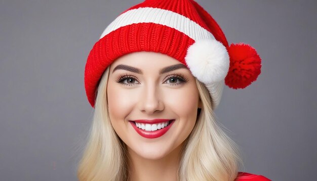 Ritratto di Natale di una bella donna bionda sorridente con un cappello rosso con pompon
