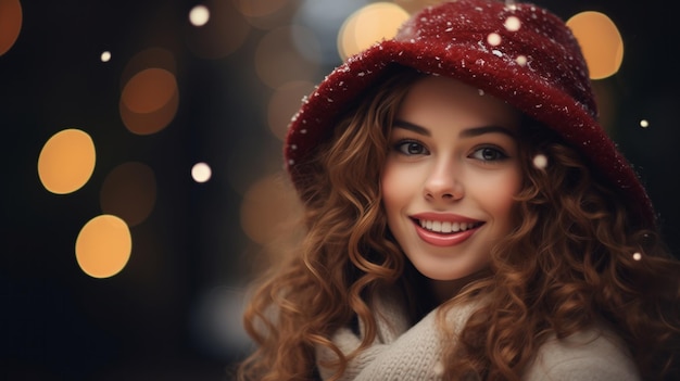 Ritratto di Natale di una donna felice sulla neve per strada e una passeggiata di gioia la sera L'umore delle vacanze di Natale sorride sul viso della donna