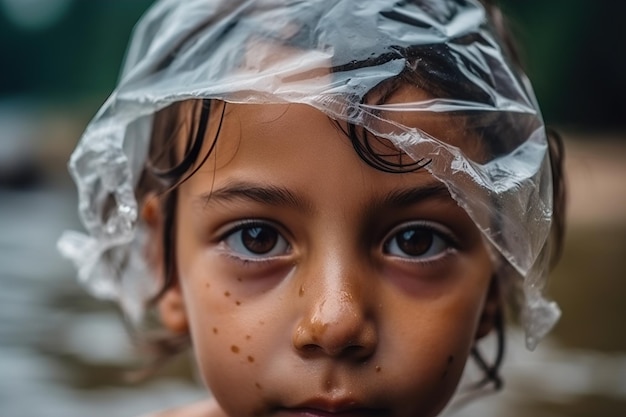 Ritratto di occhi di bambini tristi in piedi in acqua inquinata piena di sacchetti di plastica