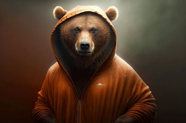 Ritratto di orso bruno in abiti sportivi e un cappuccio generativo ai