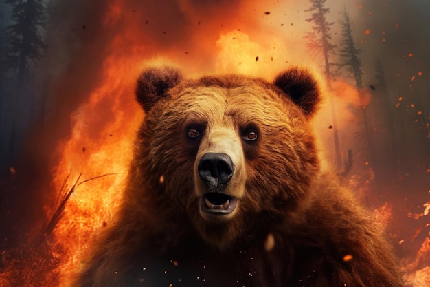Ritratto di orso spaventato nella foresta in fiamme IA generativa