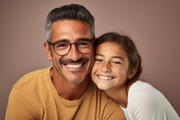 Ritratto di padre e figlia che sorridono alla telecamera isolati su sfondo marrone generato da Ai