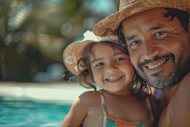 Ritratto di padre e figlia latini all'aperto in una giornata estiva vicino alla piscina