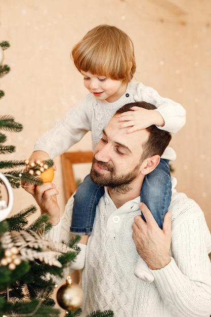 Ritratto di padre e figlio che decorano l'albero di Natale a casa