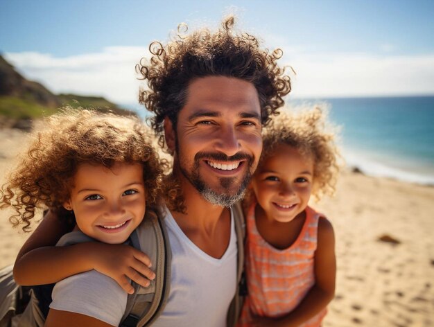 Ritratto di padre e figlio in spiaggia per le vacanze estive, vacanze in famiglia e viaggi insieme. Papà felice che porta una bambina all'oceano per amore, cura e sostegno al sole.