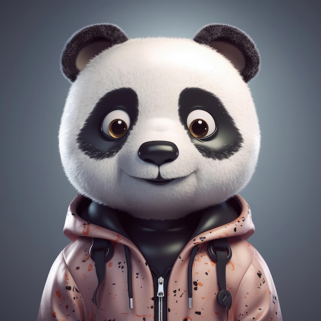 Ritratto di panda del fumetto 3D che indossa vestiti occhiali cappello e giacca in piedi davanti