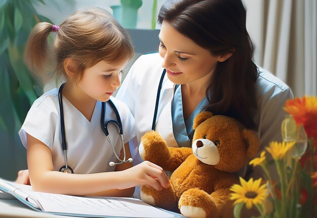 Ritratto di pediatri con stetoscopio che controllano il bambino e tengono in mano un orsacchiotto giocattolo