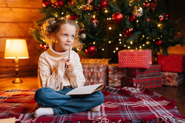 Ritratto di pensare piccola ragazza bionda che scrive lettera a Babbo Natale seduto sul pavimento sullo sfondo