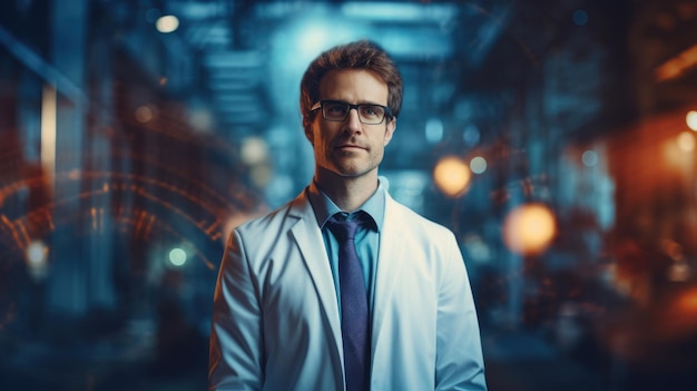 Ritratto di persona di bioingegnere su uno sfondo sfocato in laboratorio