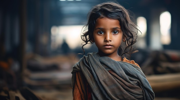 Ritratto di piccola ragazza indiana con fabbrica tessile sfocata Lavoro infantile illegale in sweatshop