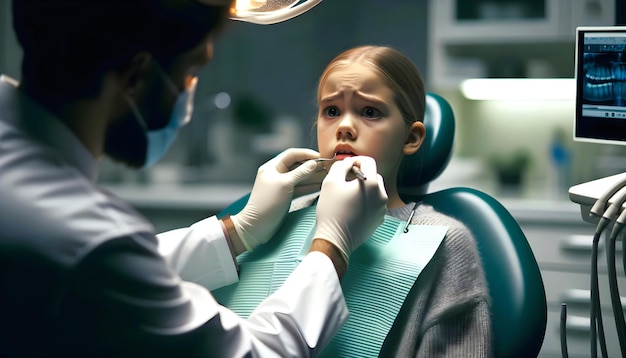 ritratto di piccola ragazza sveglia spaventata al fondo di concetto di sanità del dentista