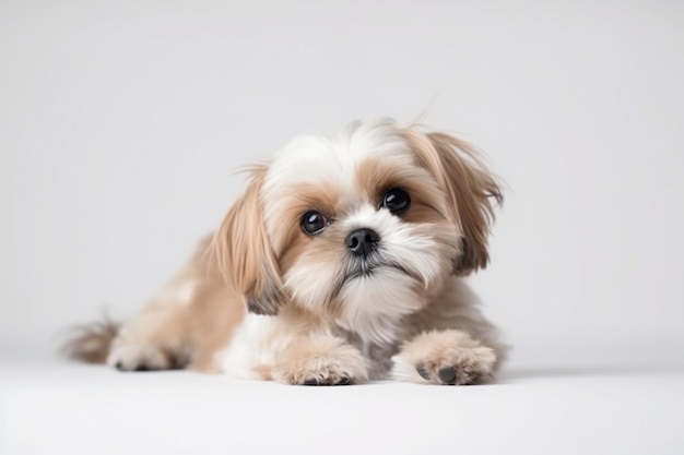 Ritratto di piccolo cane carino tranquillamente sdraiato e in posa isolato su sfondo bianco per studio