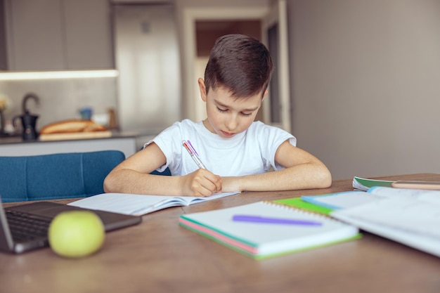 Ritratto di piccolo ragazzo intelligente allievo che fa i compiti e scrive con la penna nel taccuino